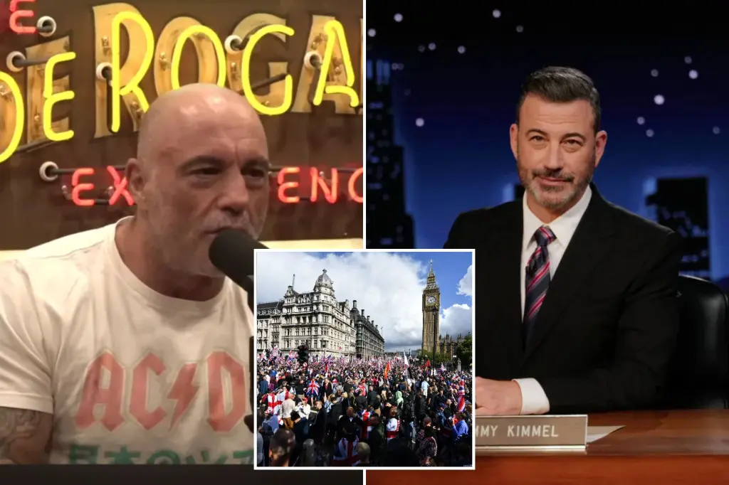 Joe Rogan criticizes the media for worrying about Jimmy Kimmel while the UK government is detaining individuals for their online expressions.
