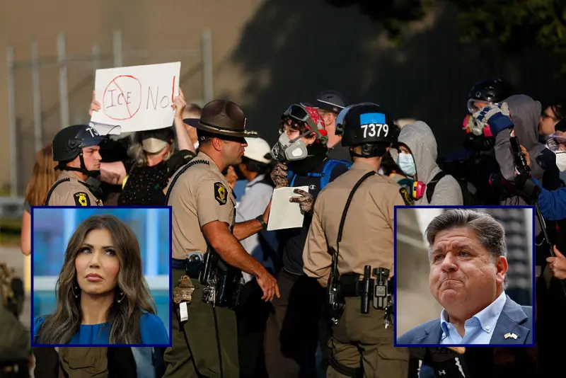 Kristi Noem observes from the rooftop as demonstrators confront police outside an ICE facility in Illinois.