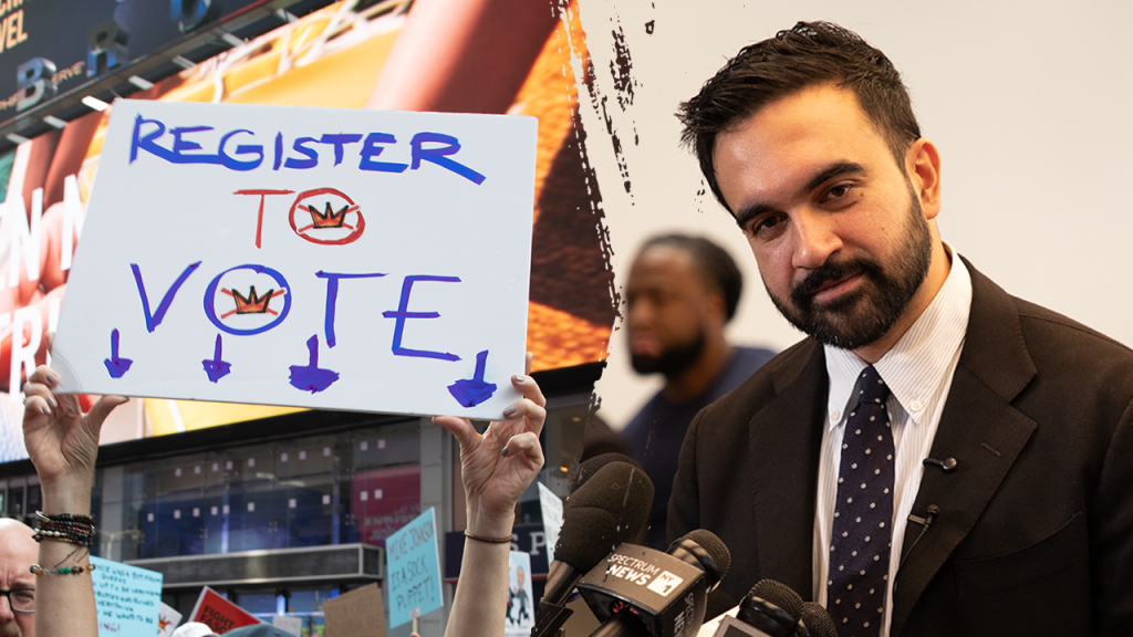 New York City voters support Zohran Mamdani at a Times Square rally against Trump's agenda