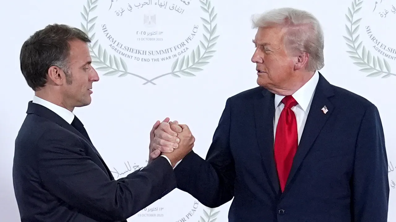Observe the unusually lengthy handshake between President Trump and French President Macron.