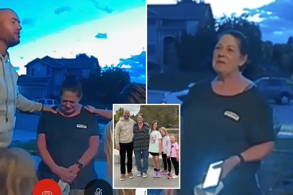 Pastor Neal Seiwert from Colorado prays with pizza delivery driver Suzanna after a wrong order.