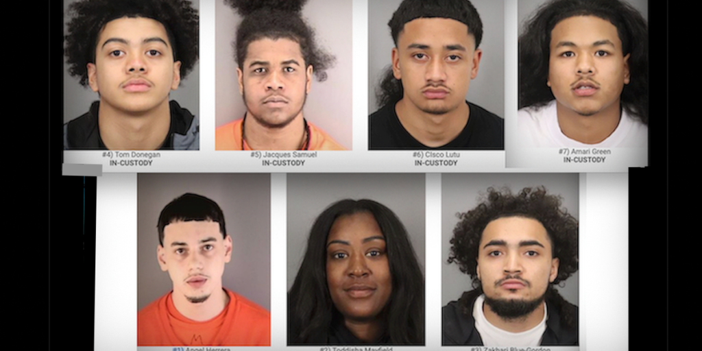 Police advance in response to a group of aggressive thieves who carried out a bold daytime robbery using hammers.