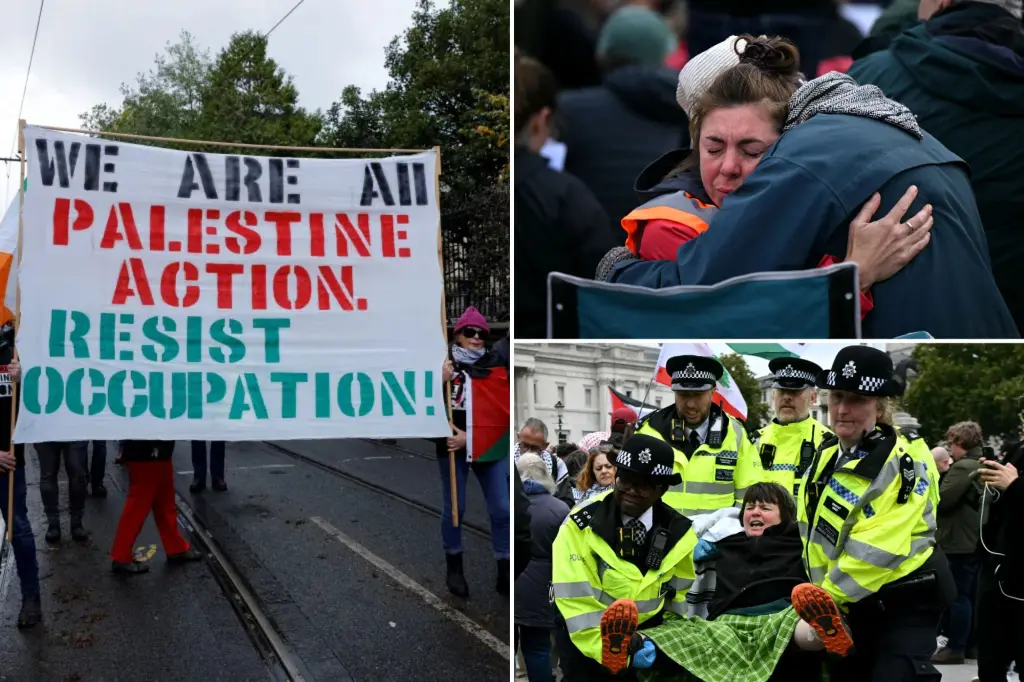 Police in London detain demonstrators opposing the ban on Palestine Action.