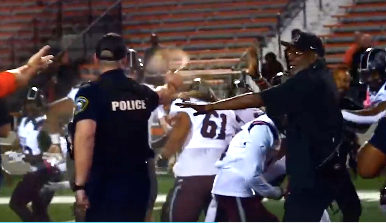 Police use pepper spray following fights after high school football games.