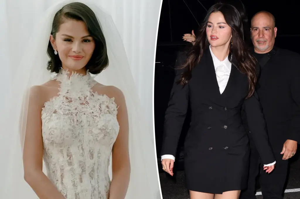 Selena Gomez impresses in a white blazer dress during a wedding rehearsal dinner