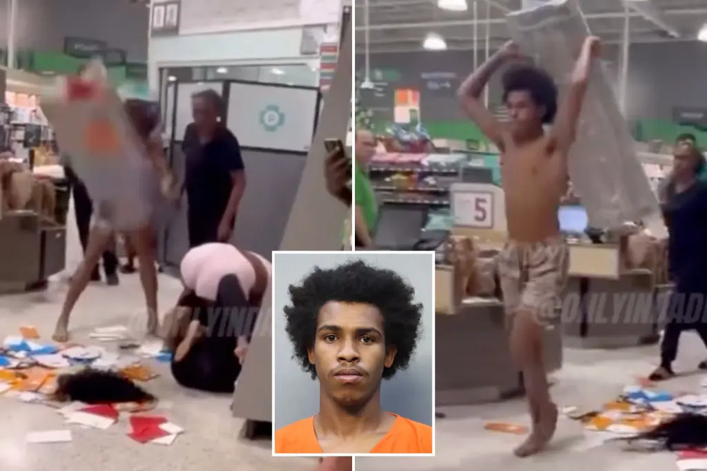Shirtless man in Florida, Climont Mann, attacks shoppers with a metal shelf during a fight inside a Publix store.