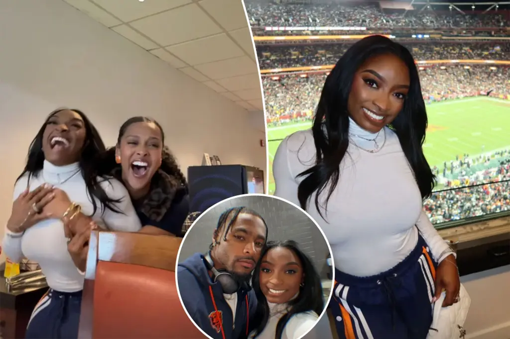Simone Biles celebrates as her husband's Bears achieve a thrilling victory