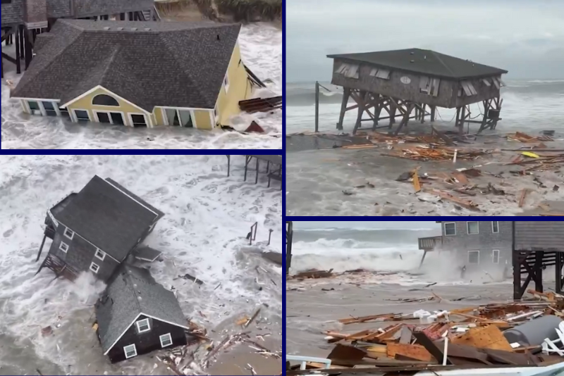 Six beach homes fall down as Hurricanes Humberto and Imelda strike the Atlantic coast.