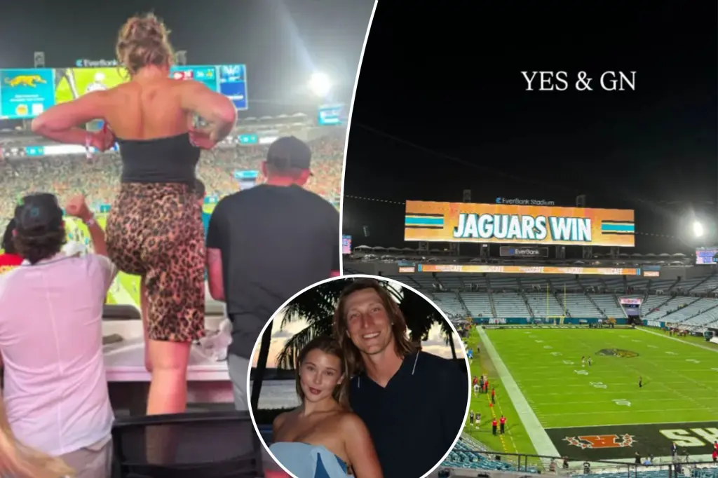 Trevor Lawrence's wife stands on a table to watch the thrilling last moments of the Jaguars' victory
