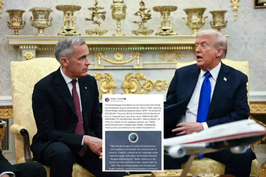 Trump ends trade discussions with Canada due to Ontario's 'false' anti-tariff advertisement with Ronald Reagan