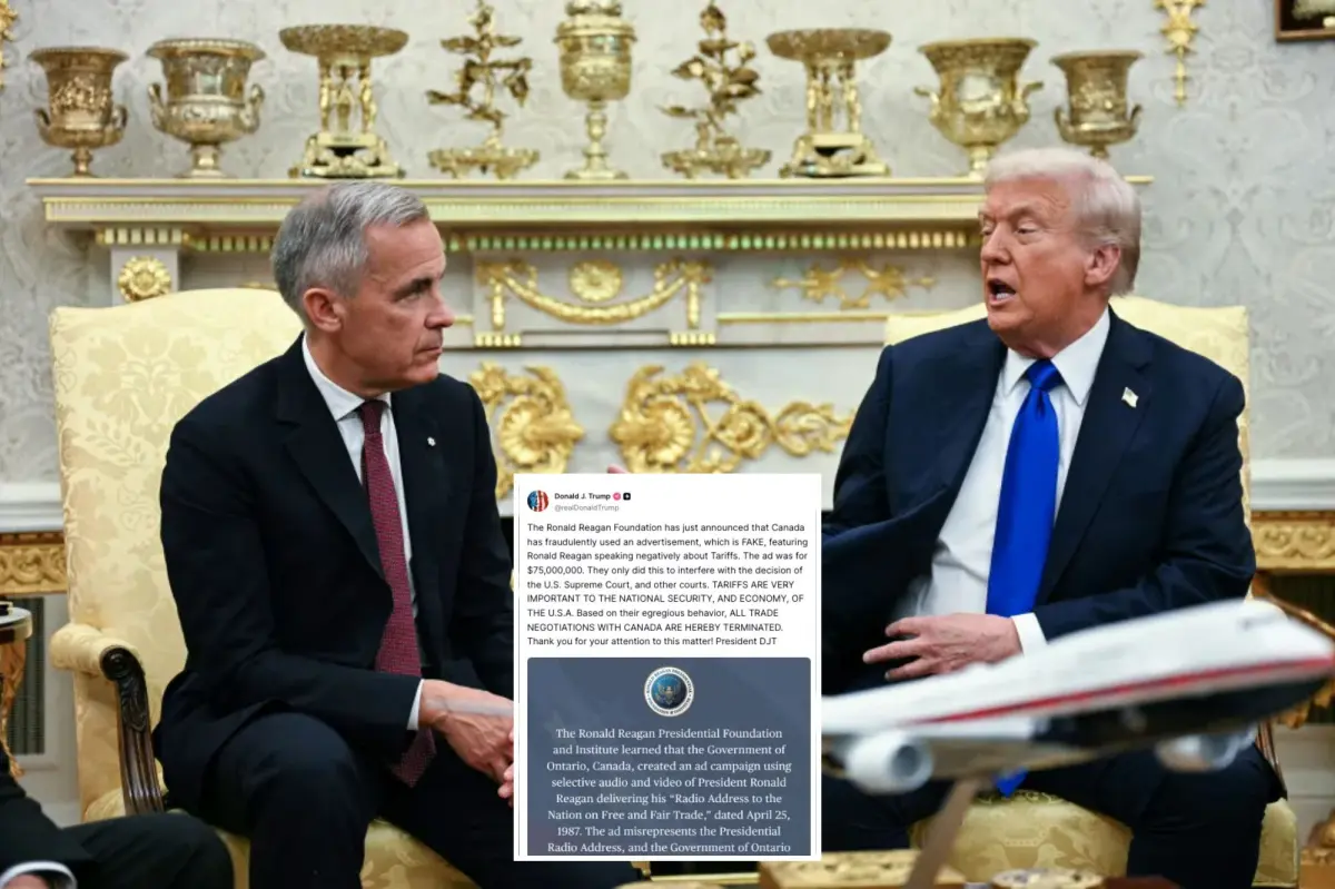 Trump ends trade discussions with Canada due to Ontario's 'false' anti-tariff advertisement with Ronald Reagan