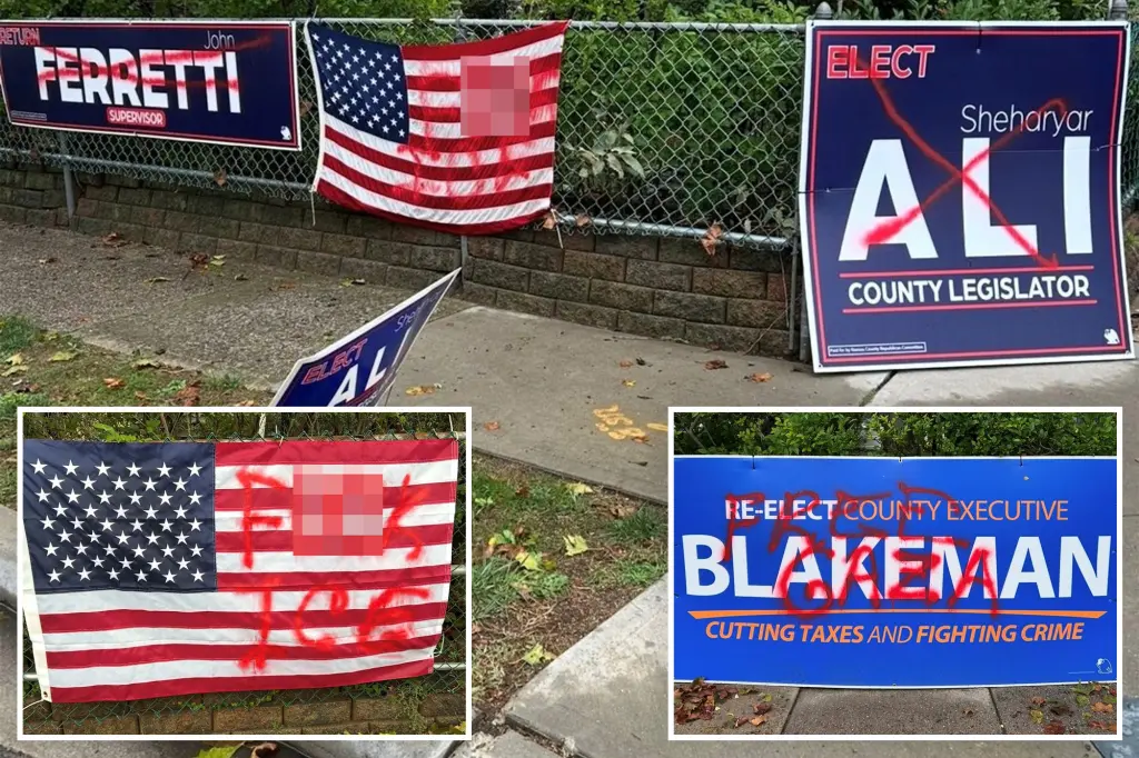 Vandals in Long Island deface GOP campaign signs and write 'F--k ICE' on an American flag.