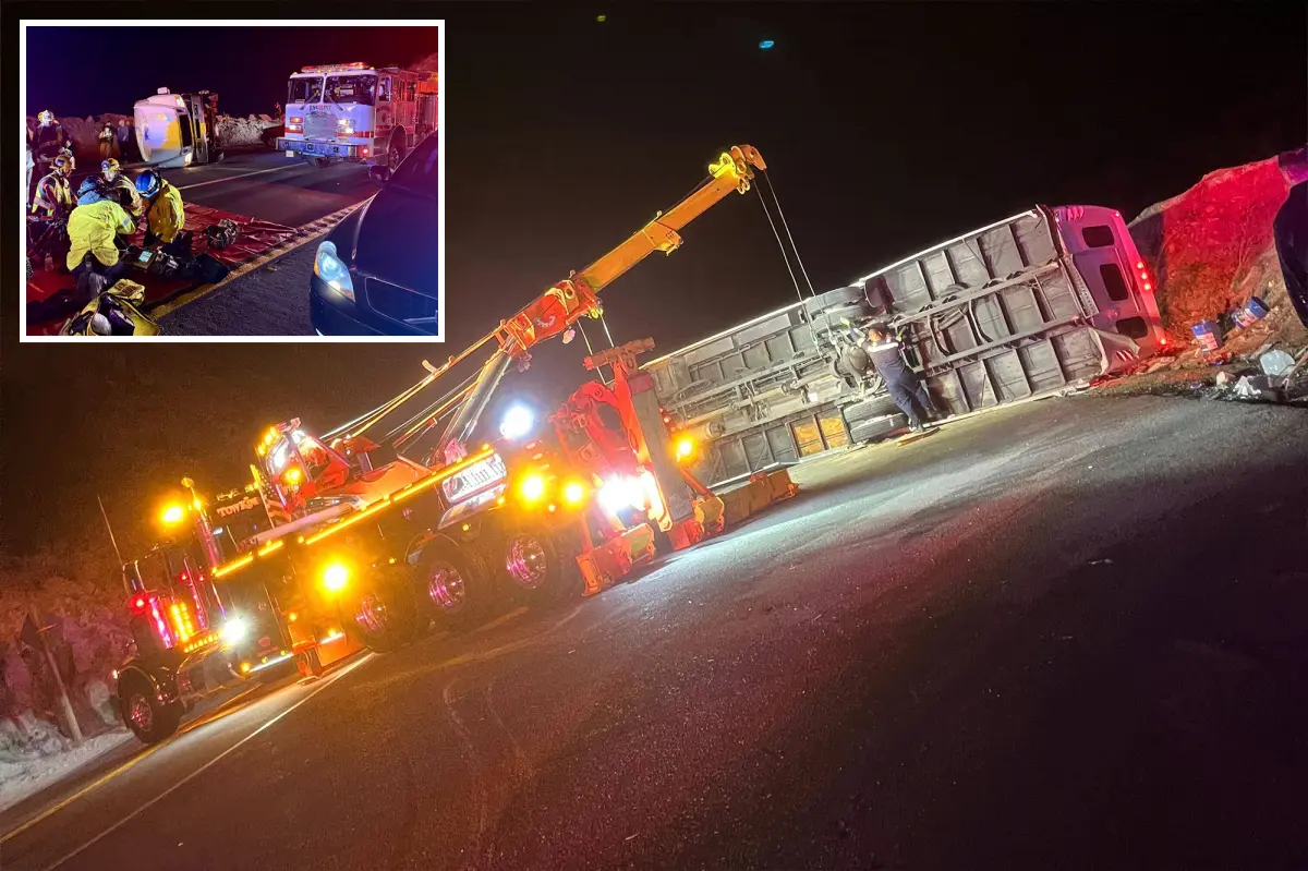 26 individuals, primarily teenagers, hurt after a church group's bus catches fire and flips over on a California highway