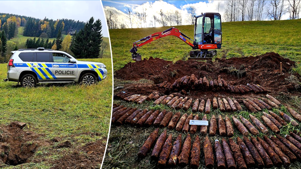 A father and son discover over 138 artillery shells while metal detecting in a forest in the Czech Republic.