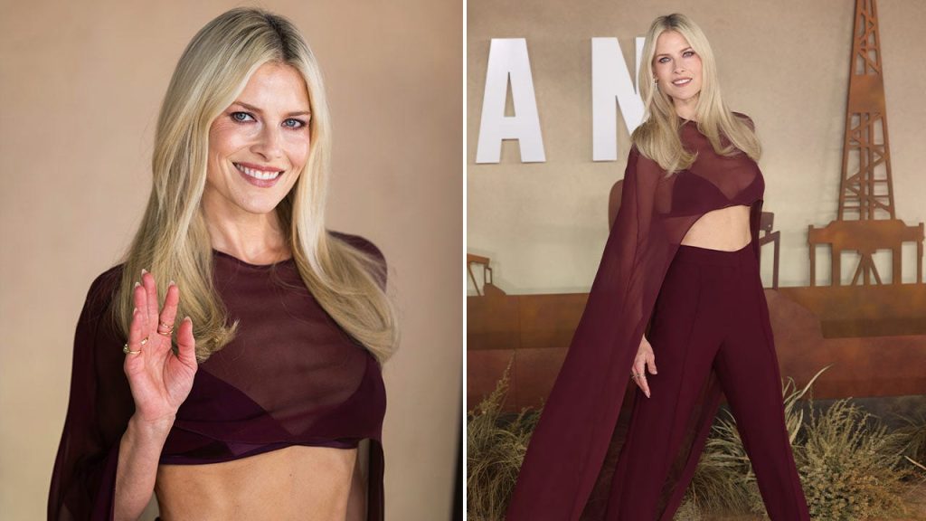 Ali Larter sports a burgundy bralette and a sheer cape at the premiere of 'Landman'