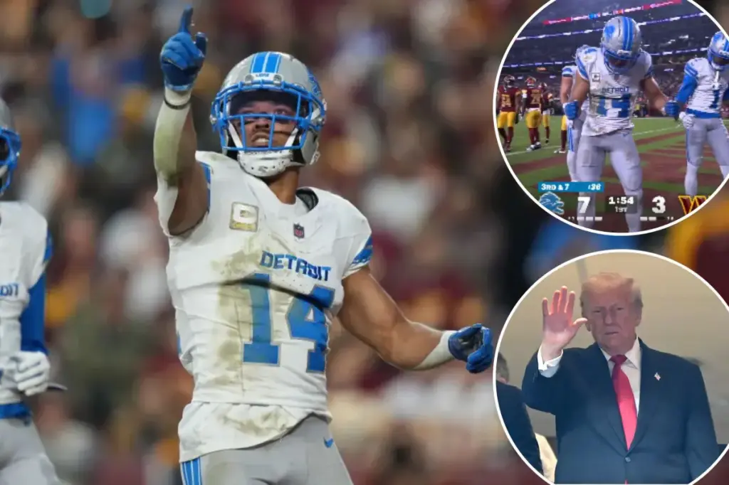 Amon-Ra St. Brown of the Lions performs the 'Trump Dance' after scoring a touchdown