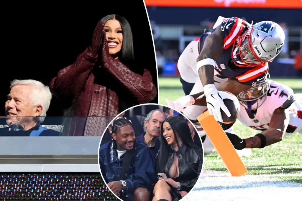 Cardi B supports her boyfriend Stefon Diggs alongside Robert Kraft from the Patriots.