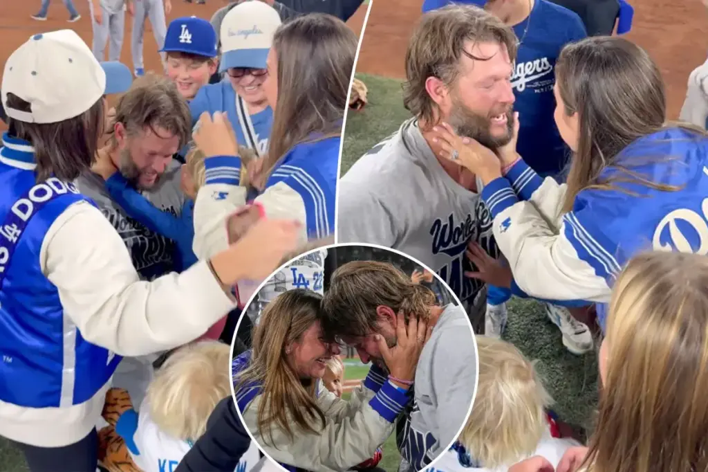 Clayton Kershaw tears up with his wife and children following the World Series victory