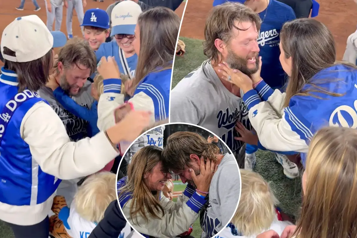 Clayton Kershaw tears up with his wife and children following the World Series victory
