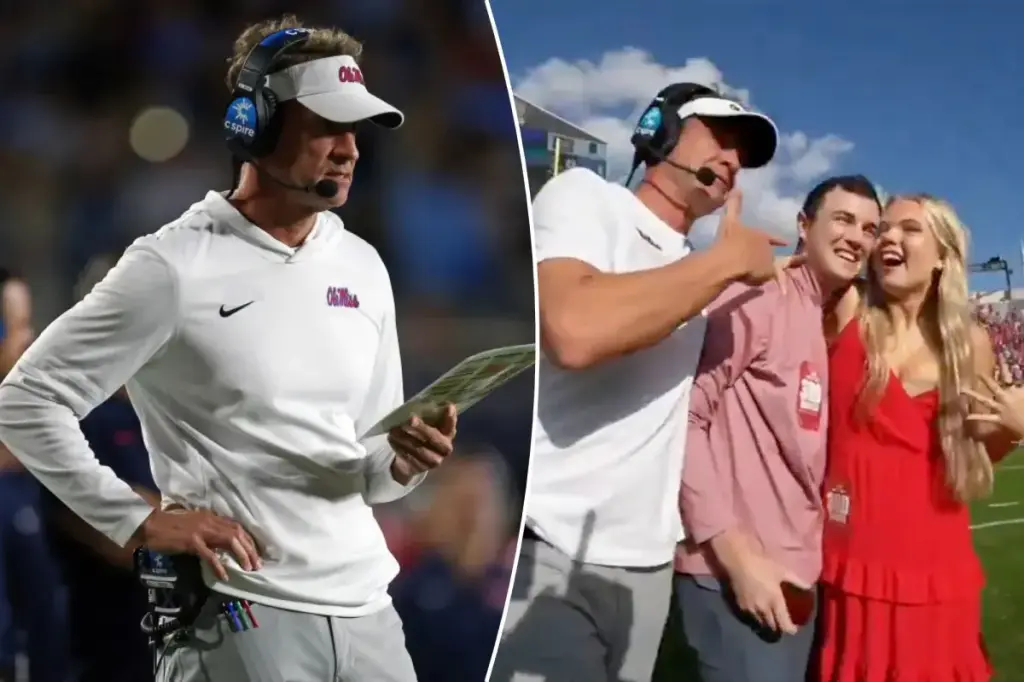 Couple gets engaged on the field during an Ole Miss game, and Lane Kiffin celebrates with them.