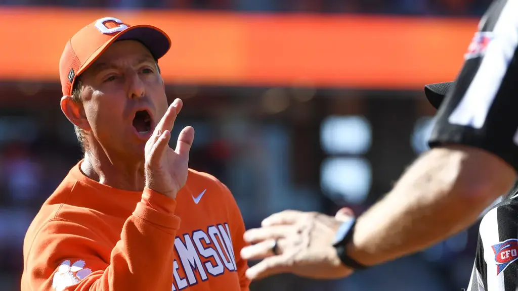 Dabo Swinney reacts angrily on the sidelines after Clemson suffers another loss
