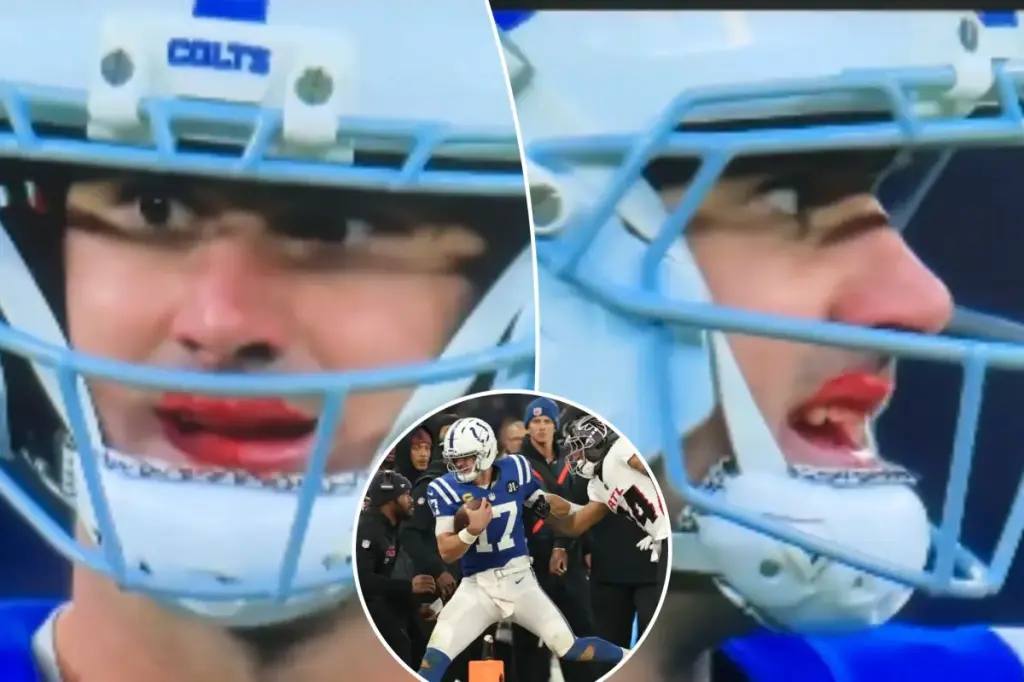 Daniel Jones emerged with a bleeding mouth during the drive that tied the game against the Colts.