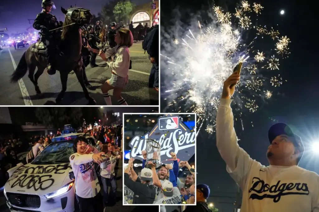 Dodgers World Series victory leads to chaos in LA streets as police use tear gas after being hit by fireworks