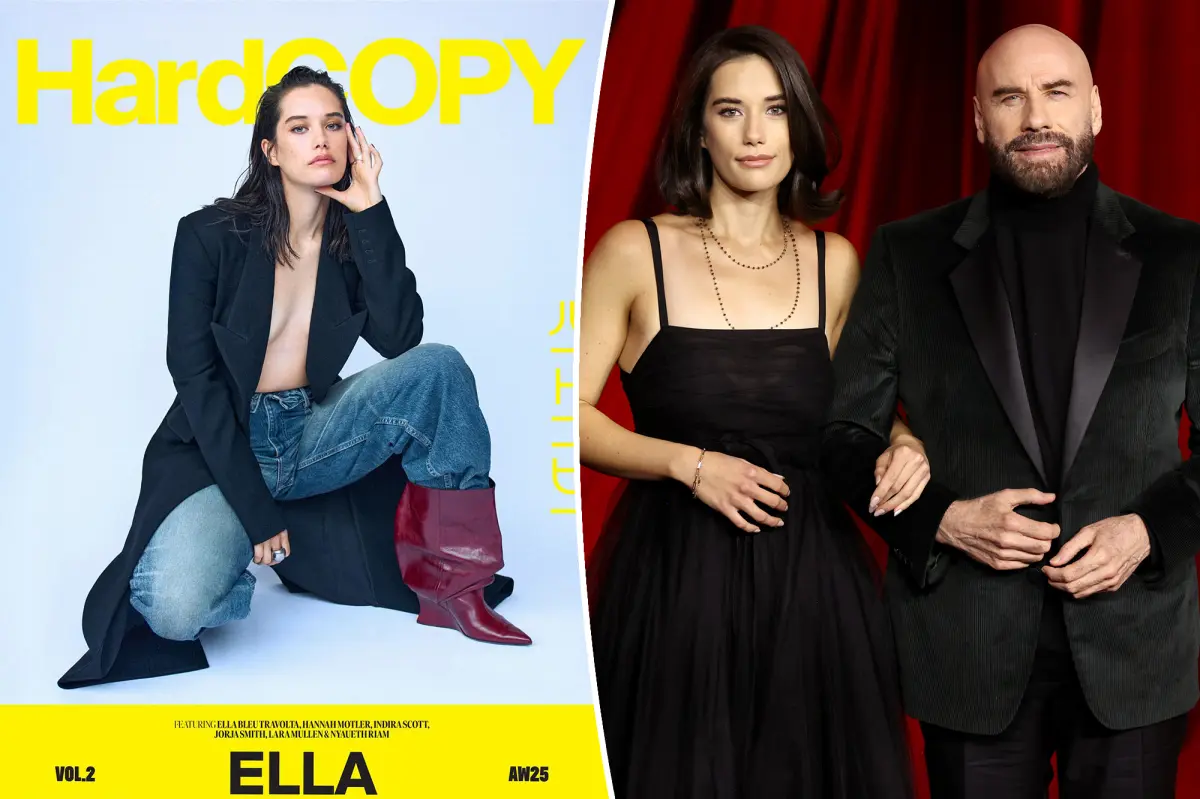 Ella Bleu Travolta appears on the cover of HardCopy Magazine in a blazer without a bra.
