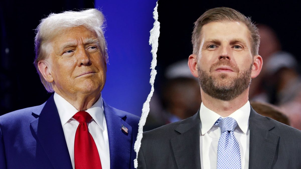 Eric Trump speaks to his father during the Auburn Turning Point USA event.