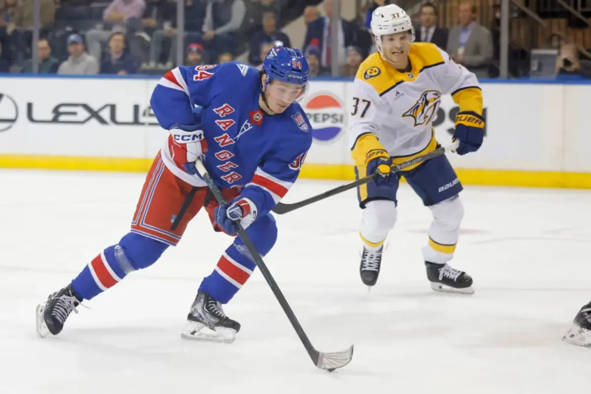 Gabe Perreault earns his first NHL point in his season debut on the Rangers' top line