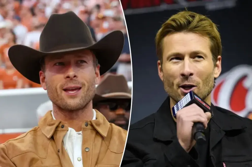 Glen Powell departs Hollywood, California for Texas.