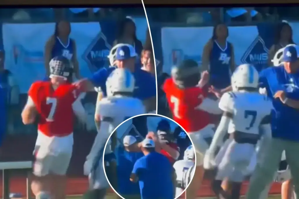 High school coach pushes rival quarterback during intense sideline fight