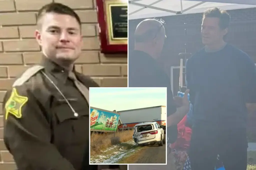 Hugh Jackman honors the memory of Indiana sheriff's corporal Blake Reynolds at a memorial service.