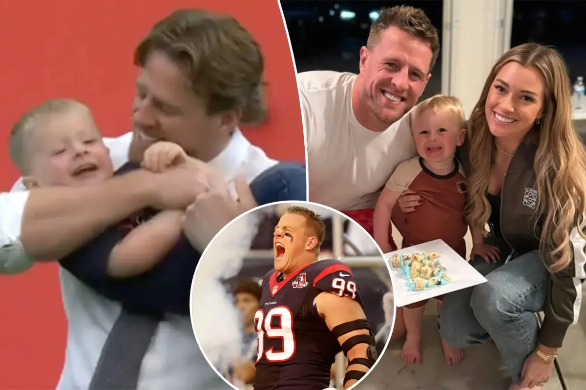 J.J. Watt plays football on the Texans field with his 3-year-old son