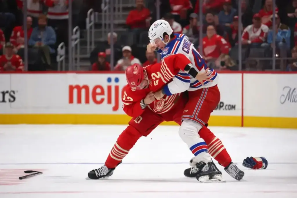 Jaroslav Chmelar of the Rangers fights in exciting NHL debut