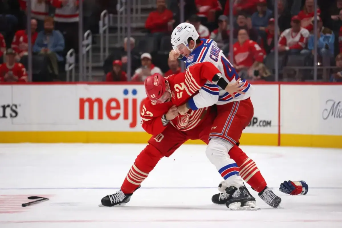 Jaroslav Chmelar of the Rangers fights in exciting NHL debut