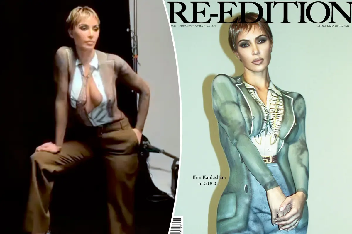Kim Kardashian appears clothed only in trompe l’oeil body paint on the cover of Re-Edition Magazine.