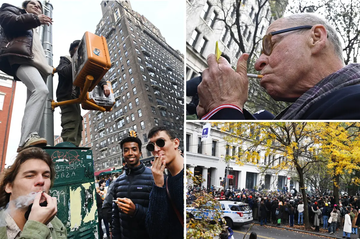 Large group of over 1,500 smokers comes together in Washington Square Park for a cigarette break