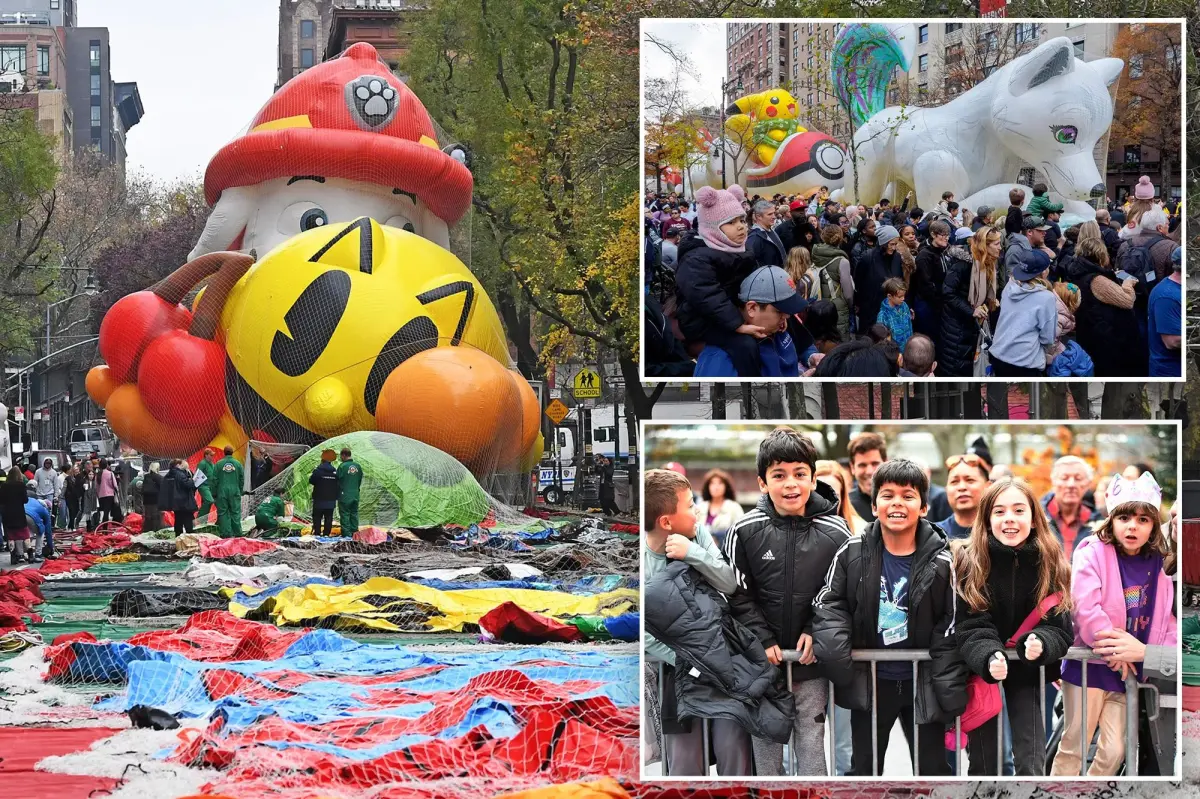 Many people come together to see the new balloons for the Thanksgiving Day Parade inflated, featuring Nintendo’s 'Mario' and Derpy from 'K Pop Demon Hunters'