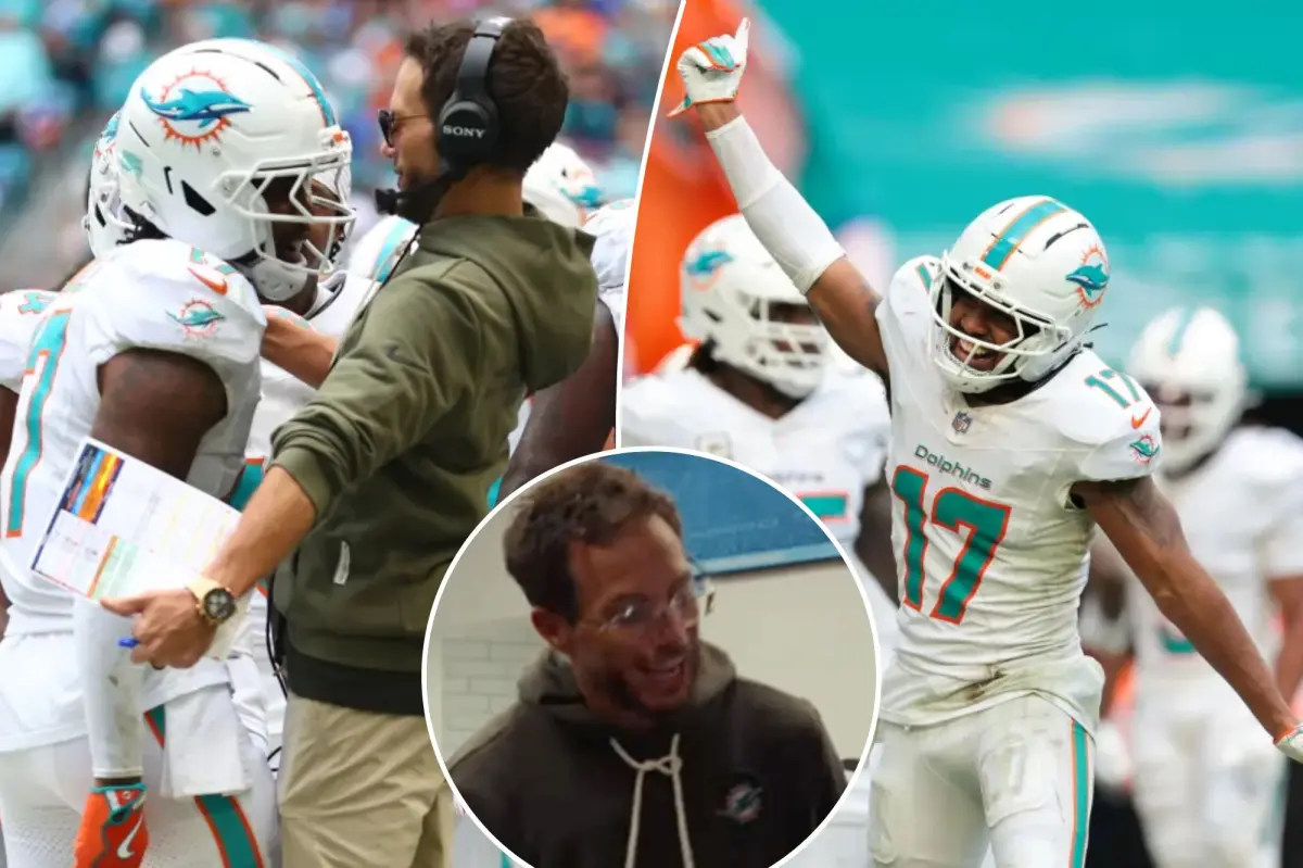 Mike McDaniel delivers a passionate speech after the Dolphins' surprising victory