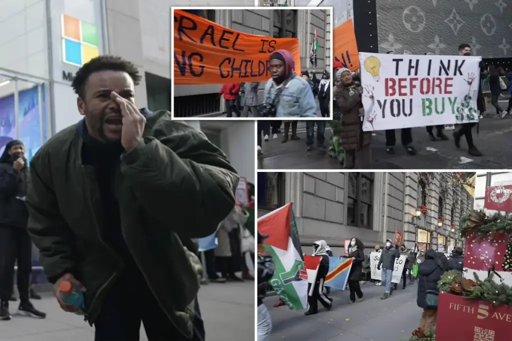 Protesters against Israel interrupt Black Friday shoppers on Fifth Avenue in New York City.