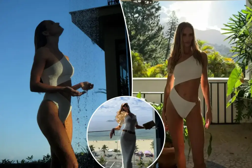 Rosie Huntington Whiteley displays her abs in new swimwear pictures.