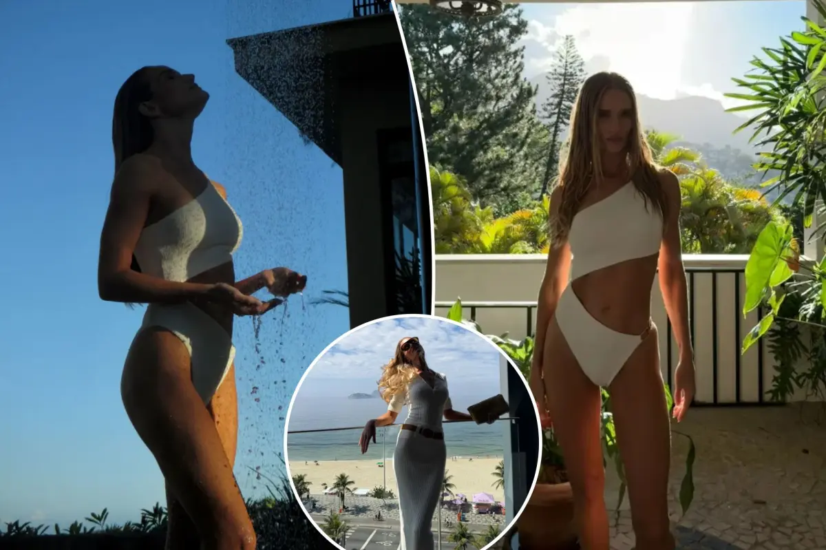 Rosie Huntington Whiteley displays her abs in new swimwear pictures.