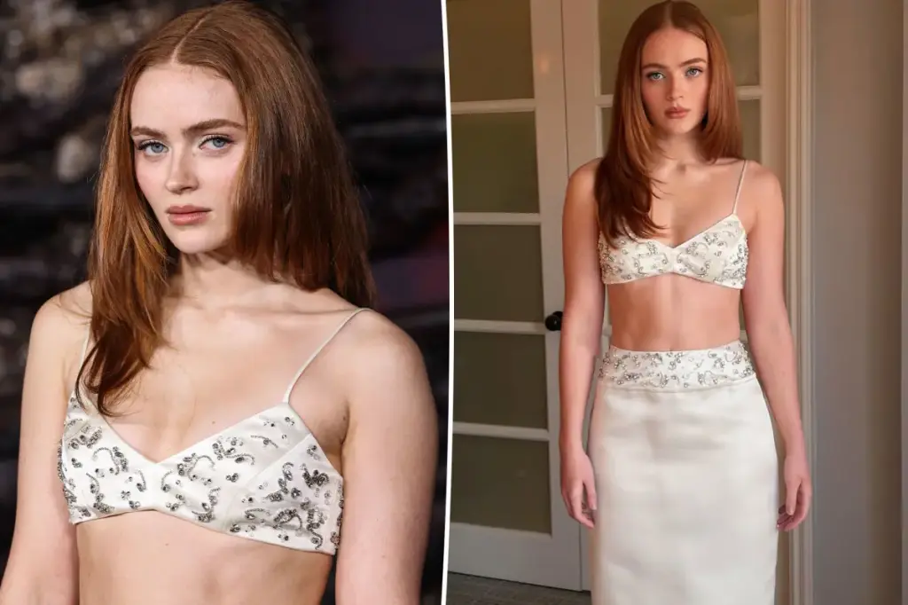 Sadie Sink dons a shiny white Prada bra and skirt at the season 5 premiere of 'Stranger Things' in LA