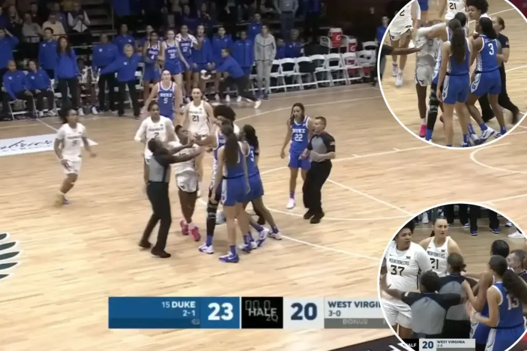 Seven women’s basketball players removed during chaotic fight as a shorthanded West Virginia defeats Duke