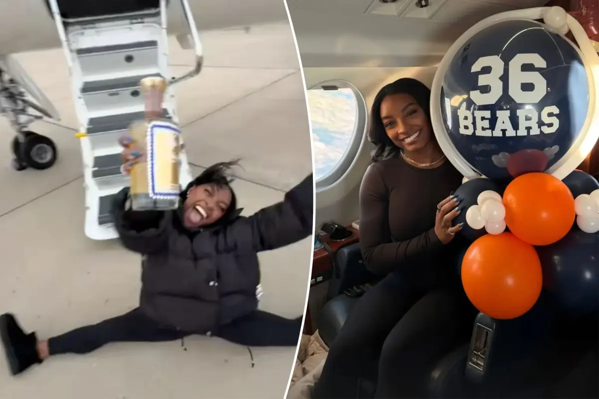 Simone Biles enjoys tequila after a private jet trip for the Bears' Black Friday game.
