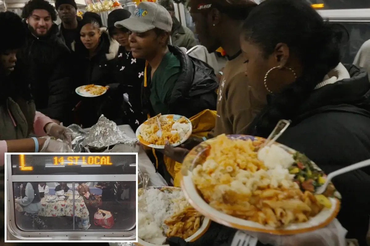 Subway passengers in NYC share a generous Thanksgiving feast with fellow riders on the L train
