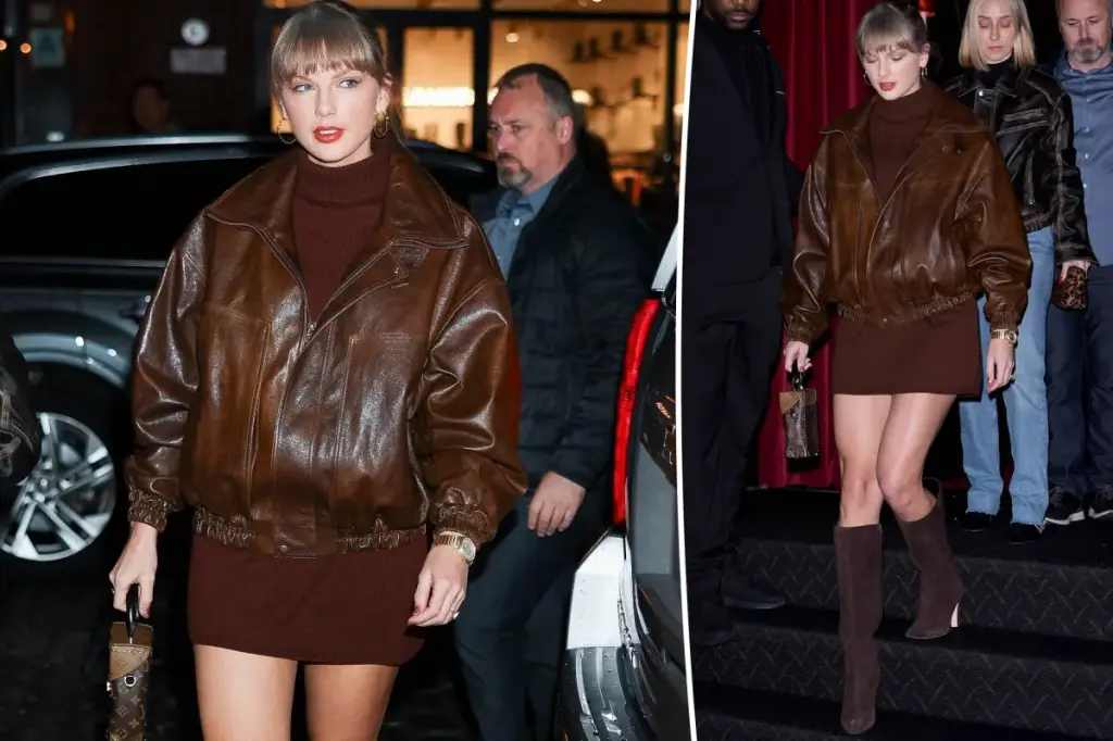 Taylor Swift sports a brown outfit complete with a leather jacket and suede boots in New York City.