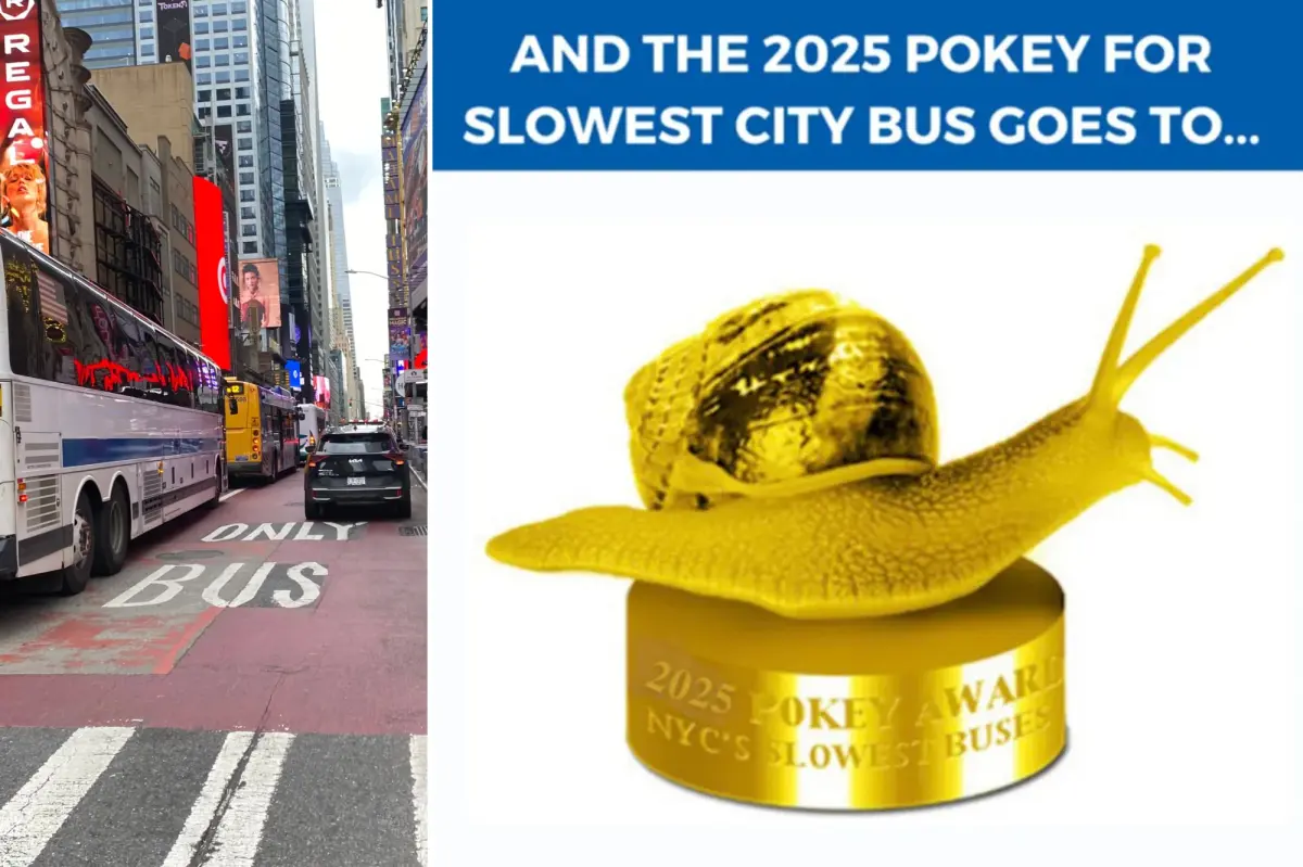 The M42 bus in New York City is recognized as the slowest, while passengers express frustration that walking might be faster.