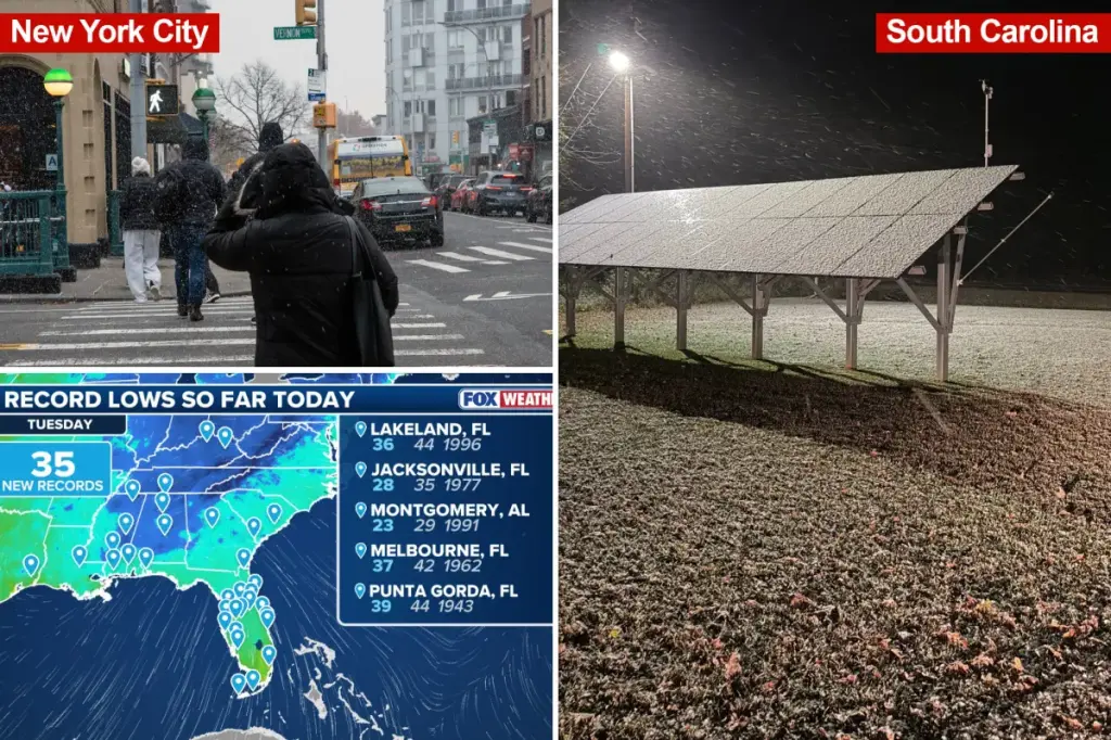 The season's first major cold snap affects the Eastern US, while snow reaches the South.